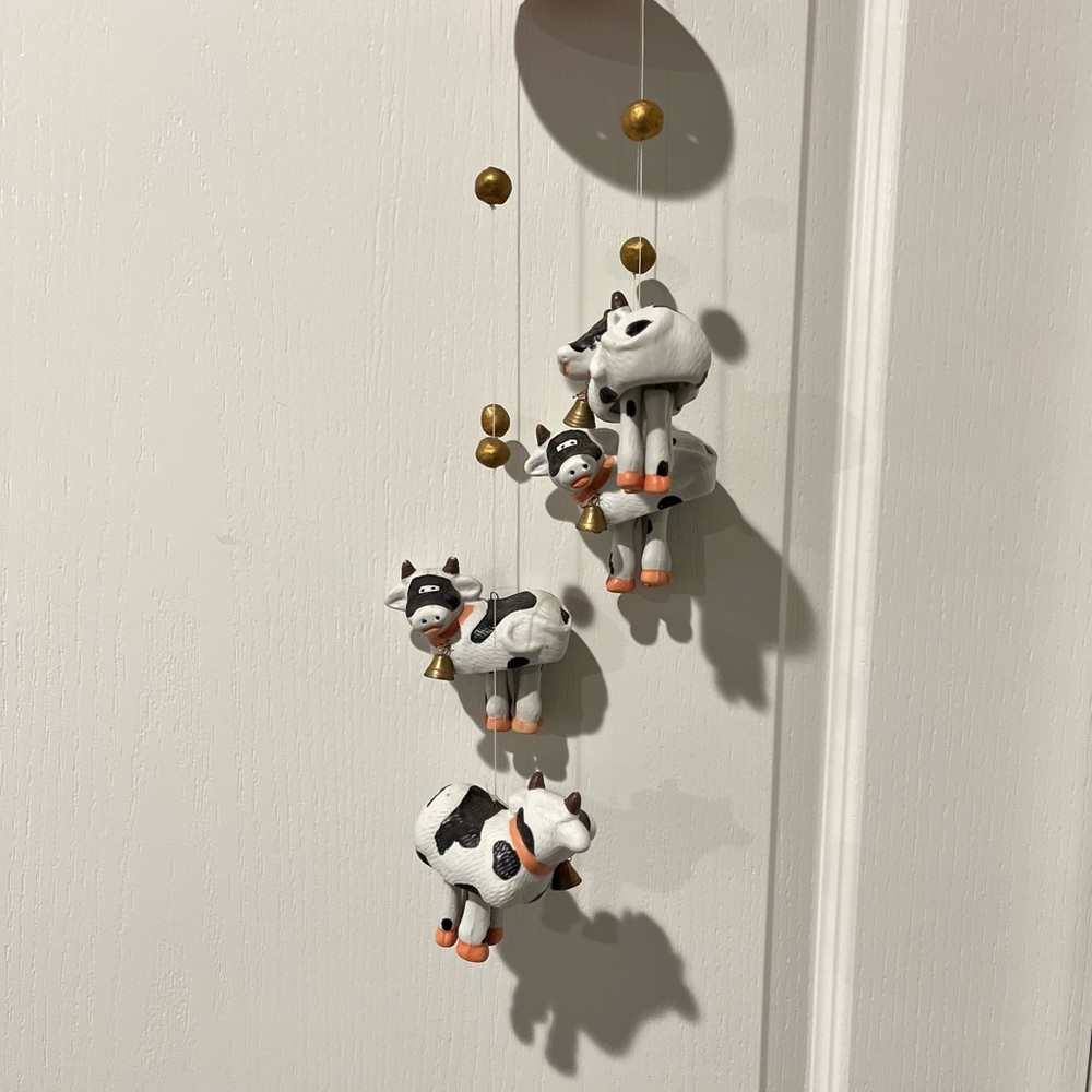 Whimsical Vintage Porcelain Black & White Milking Cows Wind Chime By Roman Inc.